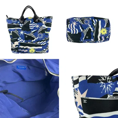 Pre-owned Chanel Black Blue White Canvas Leather Handbag Shoulder Bag ()