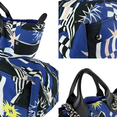 Pre-owned Chanel Black Blue White Canvas Leather Handbag Shoulder Bag ()