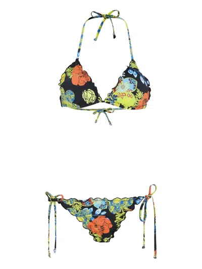 Amir Slama Floral-print Ruffled Bikini In Black
