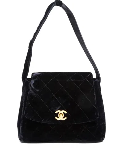 Pre-owned Chanel 1996-1997 Velvet Turn-lock Cc-mark Shoulder Bag In Black