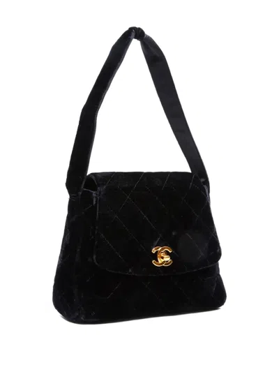 Pre-owned Chanel 1996-1997 Velvet Turn-lock Cc-mark Shoulder Bag In Black