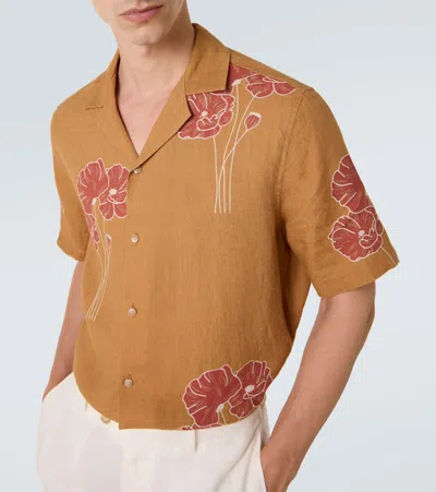 Frescobol Carioca Roberto Floral Linen Bowling Shirt In Brown