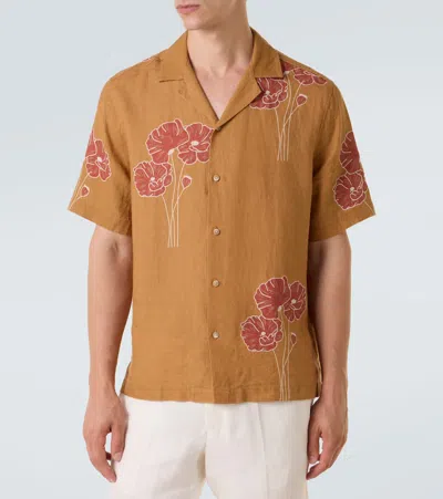 Frescobol Carioca Roberto Floral Linen Bowling Shirt In Brown