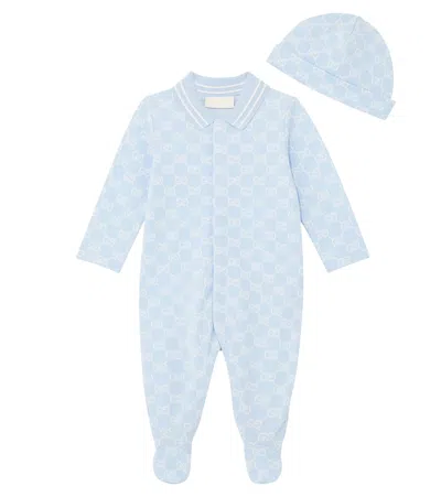 Gucci Baby Gg Cotton Bodysuit And Beanie In Blue