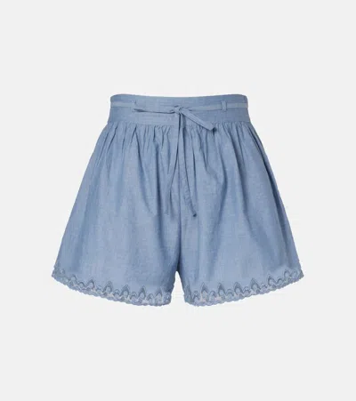 Ulla Johnson Elowen Belted Tulle-trimmed Embroidered Cotton-chambray Shorts In Blue
