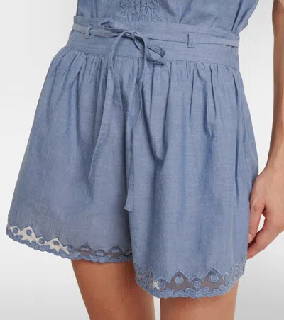 Ulla Johnson Elowen Belted Tulle-trimmed Embroidered Cotton-chambray Shorts In Blue