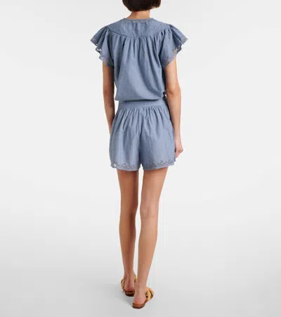 Ulla Johnson Elowen Belted Tulle-trimmed Embroidered Cotton-chambray Shorts In Blue