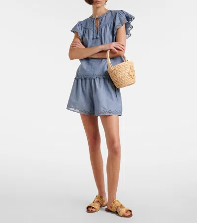 Ulla Johnson Elowen Belted Tulle-trimmed Embroidered Cotton-chambray Shorts In Blue