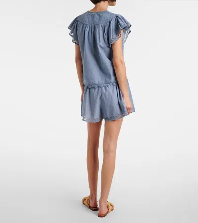 Ulla Johnson Effie Embroidered Mesh-trimmed Cotton-chambray Blouse In Blue