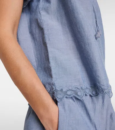 Ulla Johnson Effie Embroidered Mesh-trimmed Cotton-chambray Blouse In Blue