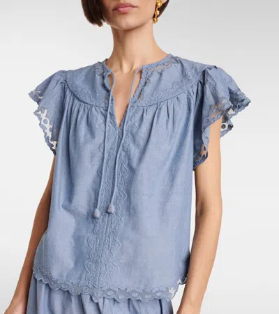 Ulla Johnson Effie Embroidered Mesh-trimmed Cotton-chambray Blouse In Blue
