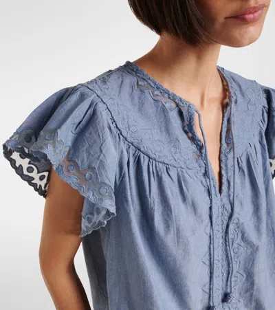 Ulla Johnson Effie Embroidered Mesh-trimmed Cotton-chambray Blouse In Blue