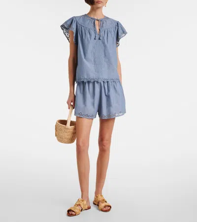Ulla Johnson Effie Embroidered Mesh-trimmed Cotton-chambray Blouse In Blue