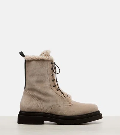 Brunello Cucinelli Shearling-trimmed Suede Combat Boots