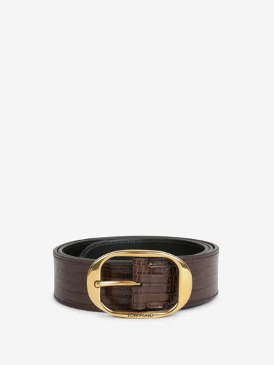 Tom Ford Embossed-leather Oval-buckle Belt In Brown