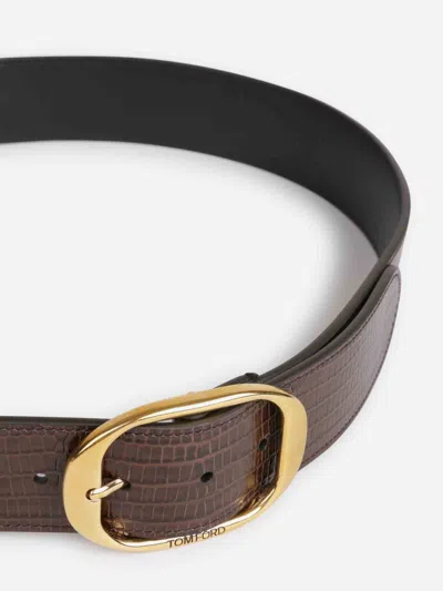 Tom Ford Embossed-leather Oval-buckle Belt In Brown