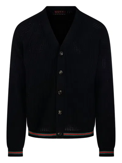 Gucci Crochet Cardigan With V Neck And Striped Hem