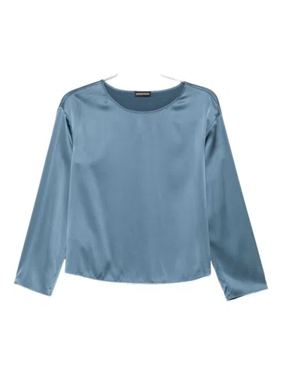 Emporio Armani Satin Three-quarter Sleeve Top In Blue
