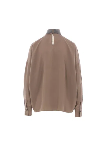 Brunello Cucinelli Beaded-neck High-neck Blouse In Brown
