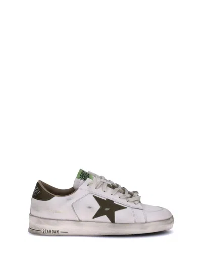 Golden Goose Stardan White Leather Sneakers With Green Star And Heel In White