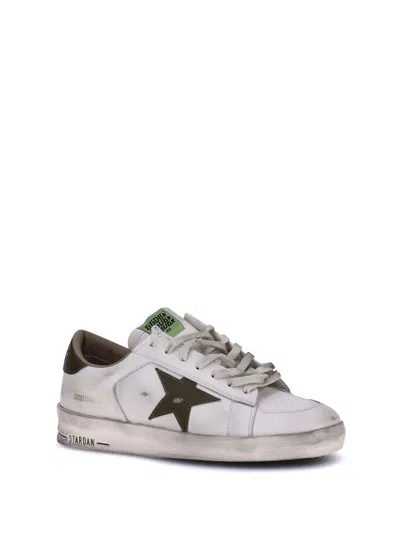 Golden Goose Stardan White Leather Sneakers With Green Star And Heel In White