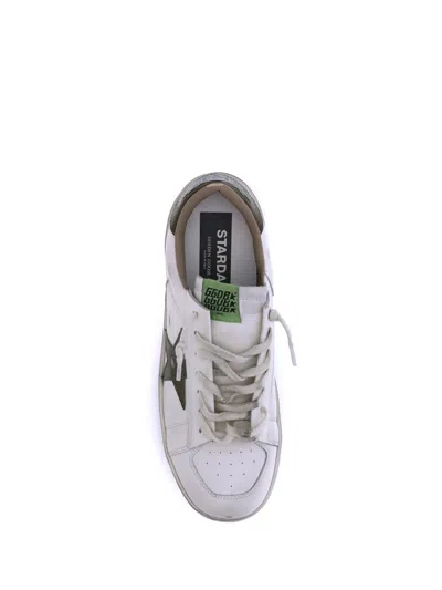 Golden Goose Stardan White Leather Sneakers With Green Star And Heel In White