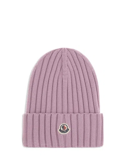 Moncler Logo Patch Rib Wool Beanie In Pink