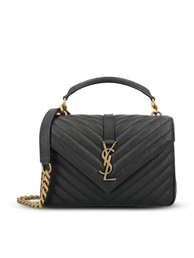 Saint Laurent College Medium Ysl Matelasse Lambskin V-flap Crossbody Bag With Golden Hardware In Black