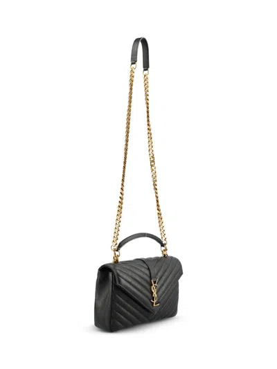 Saint Laurent College Medium Ysl Matelasse Lambskin V-flap Crossbody Bag With Golden Hardware In Black