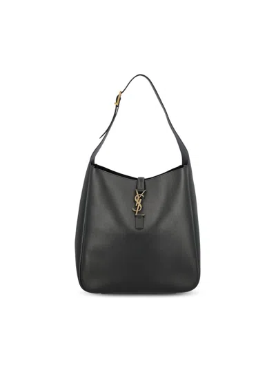 Saint Laurent Le 5a7 Large Ysl Shoulder Hobo Bag In Smooth Leather In Black