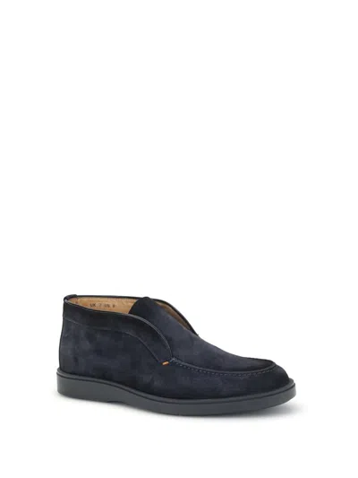 Santoni Midnight Blue Calf Suede Slip-on Shoes With Branded Insole In Black