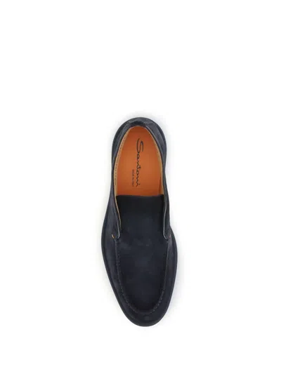 Santoni Midnight Blue Calf Suede Slip-on Shoes With Branded Insole In Black