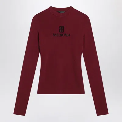 Balenciaga Ribbed Crewneck Long-sleeved Fitted Top In Burgundy
