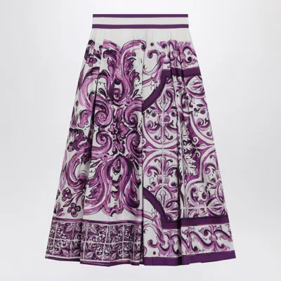 Dolce & Gabbana Purple Maiolica Print Skirt In Poplin In Purple