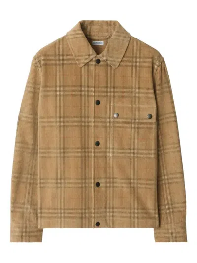 Burberry Plaid Corduroy Overshirt Chest Pocket In Brown