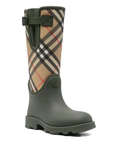 Burberry Check Pattern Knee-high Rubber Sole Boots In Green