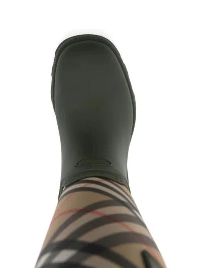 Burberry Check Pattern Knee-high Rubber Sole Boots In Green