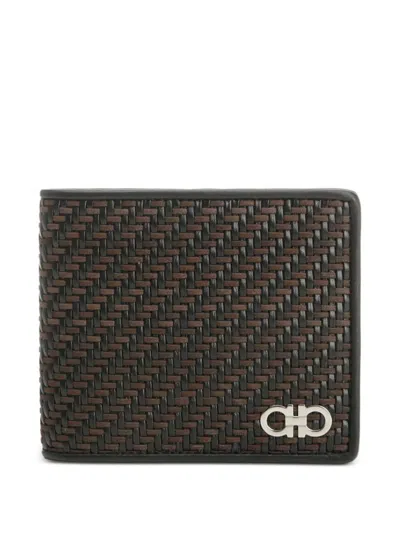 Ferragamo Woven Leather Bi-fold Wallet In Black