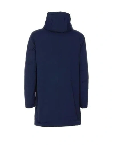 Herno Hooded Long Length Padded Coat With Button Pockets In Blue