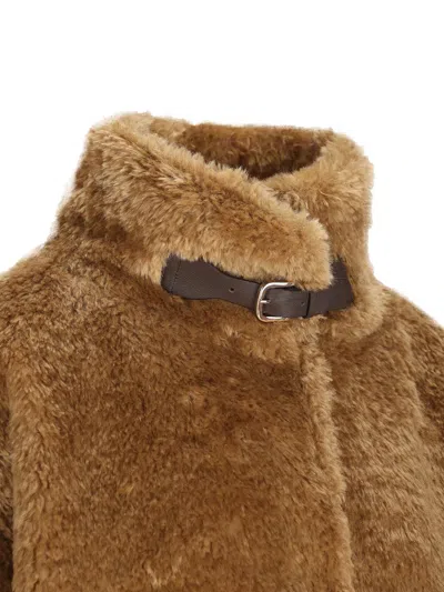 Herno Faux Fur Coat With Leather Belt In Brown