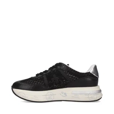 Premiata Textured Leather And Mesh Sneakers With Sole In Black