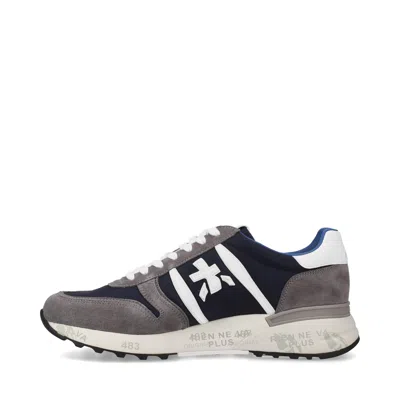 Premiata Lander Sneakers In Blue Suede And Fabric