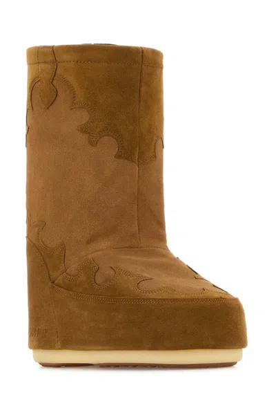 Moon Boot High Suede Boots In Cognac With Wedge Embroidery