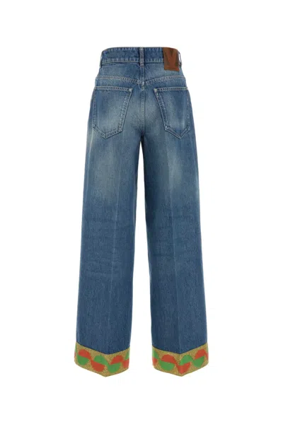 Valentino Wide Leg High Waist Jeans With Colorful Trim In Medium Blue