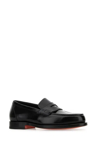 Santoni Black Leather Loafers In Black