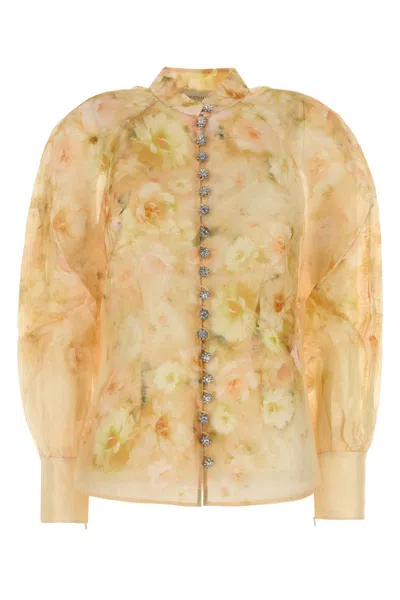 Zimmermann Crush Floral-print Linen-blend Blouse In Gold