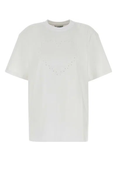 Ganni Rhinestone Logo Embroidery T-shirt In White
