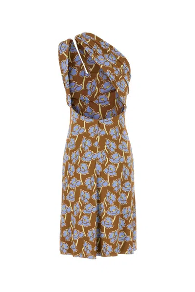 Versace Printed Stretch Crepe One Shoulder Dress In Brown