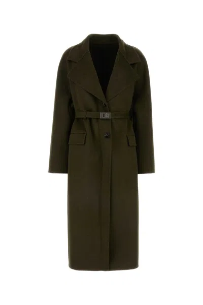 Ferragamo Coat Wool Blend Belted Waist In Green