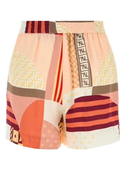 Fendi Vibrant Patchwork Silk Shorts With Relaxed Fit In Orange